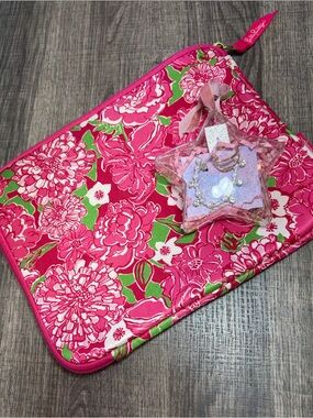 Lily Pulitzer Hot Pink Floral Tablet Sleeve with Faux Pearl Necklace & Ring